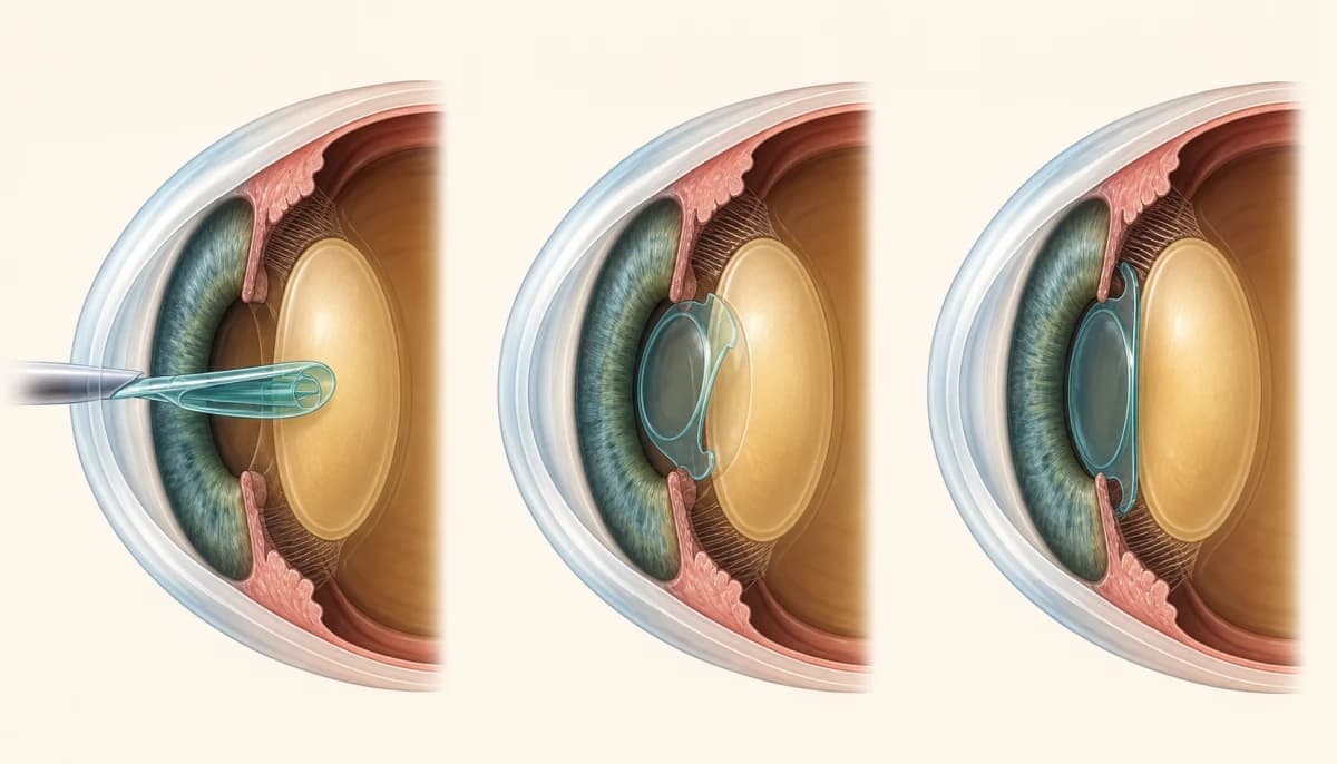 Three-stage medical illustration showing an ICL inserted, unfolded, and positioned behind the iris in front of the natural lens