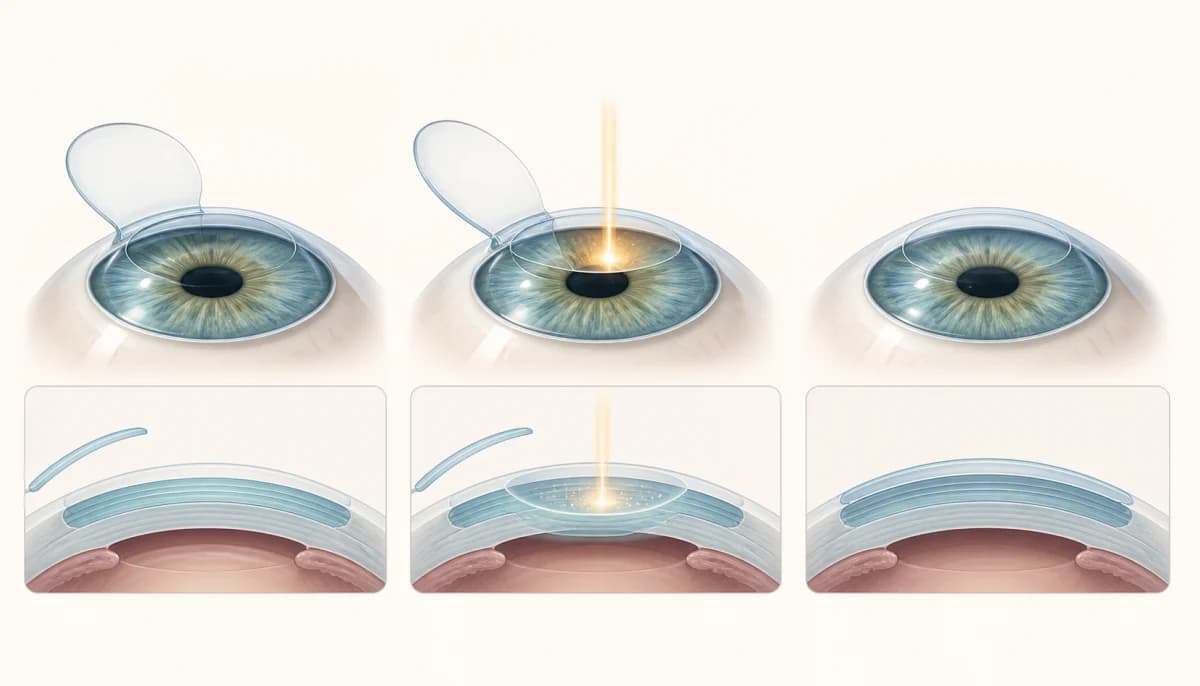 Three-stage medical illustration showing a LASIK corneal flap lifted, laser reshaping beneath the flap, and the flap repositioned