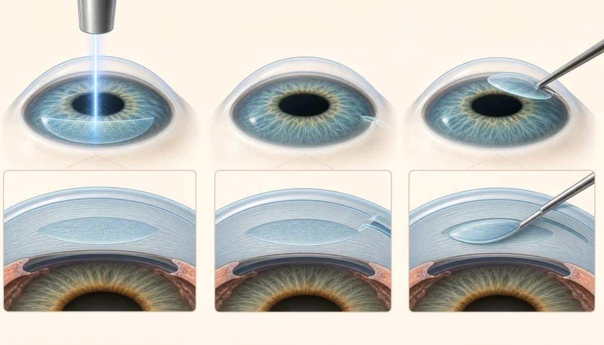 Three-stage medical illustration showing a corneal lenticule created and removed through a small incision during SMILE